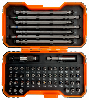 Zestaw bitów przemysłowych 54 szt. sześciokątne, płaskie, Phillips, Pozidriv, Robertson, TORX z otworem, kolorowe TORX BAHCO (8 