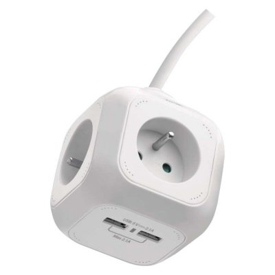 Przedłużacz - kostka 1,9 m / 4 gniazda / biały / PVC / z USB portem / 1 mm2