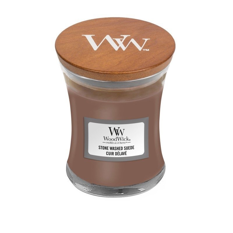 Świeca zapachowa WoodWick - Stone Washed Suede - Mała świeca