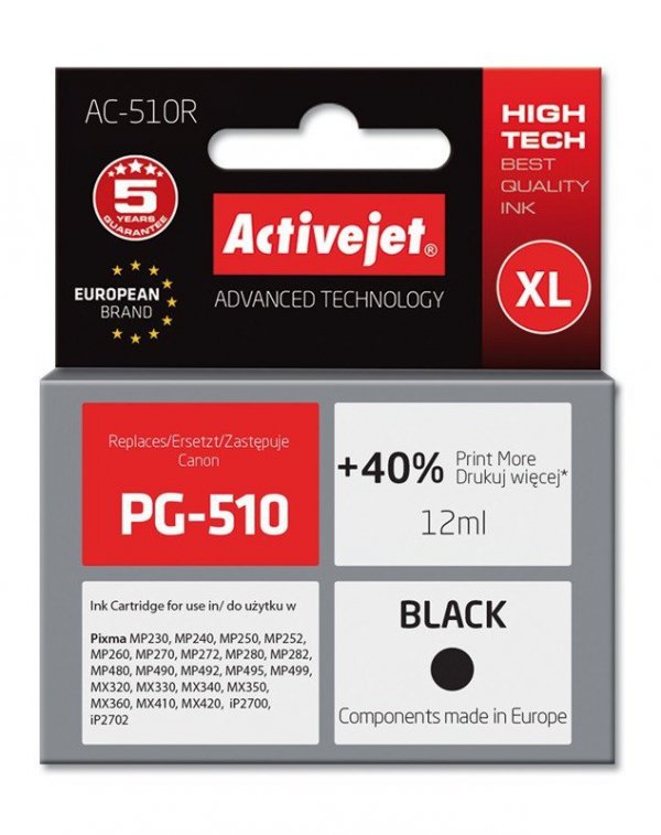 Activejet AC-510R Tusz (zamiennik Canon PG-510; Premium; 12 ml; czarny)