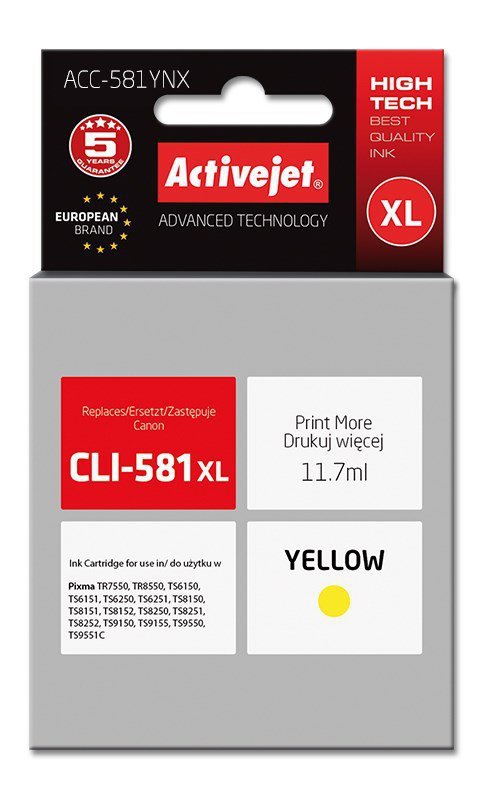 Activejet ACC-581YNX Tusz (zamiennik do drukarki Canon CLI-581XLY; Supreme; 11,70 ml; żółty)