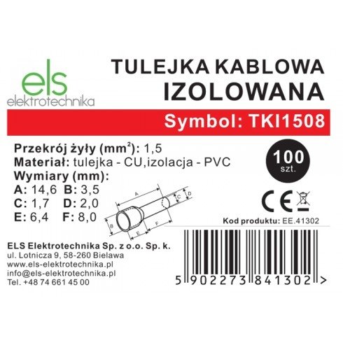 Tulejka kablowa izolowana ELS Elektrotechnika 1,5-8mm TKI1508 /100szt./
