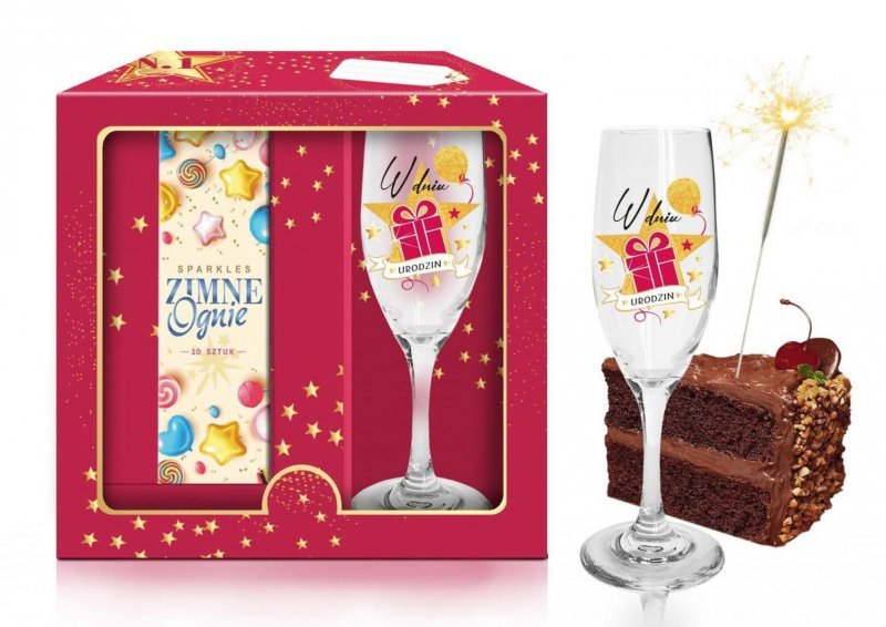Urodzinowa stars magenta - zestaw kieliszek do szampana + zimne ognie - W dniu urodzin