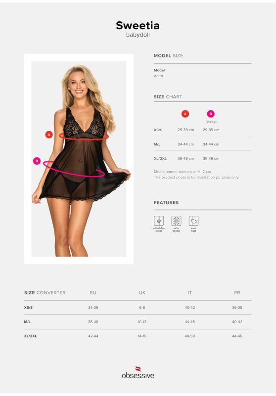 Obsessive Sweetia babydoll i stringi czarna  XL/XXL