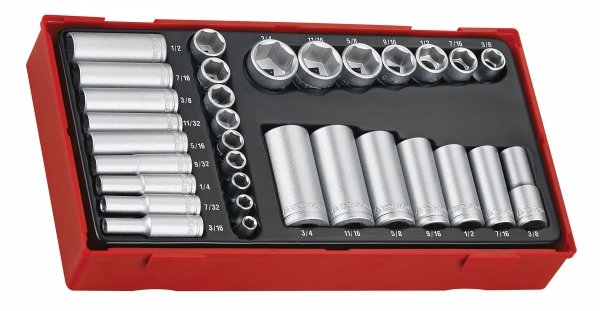 32-elementowy zestaw nasadek calowych z chwytem kwadratowym 1/4&quot; i 3/8&quot; Teng Tools TTAF32