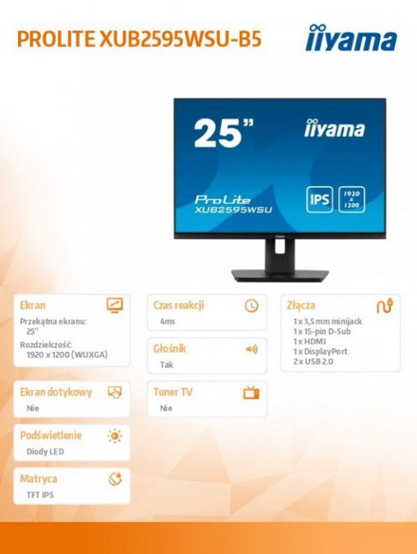 Monitor 25 cali XUB2595WSU-B5 IPS.PIVOT.16:10.USB.DP.HDMI.VGA.2x2W.  300(cd/m2).HAS(150mm)