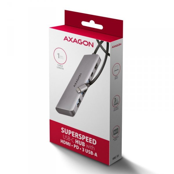 HMC-5H Wieloportowy hub USB 5in1, 5Gbps, 3x USB-A, HDMI 4K/30Hz, PD 100W, 100cm USB-C kabel