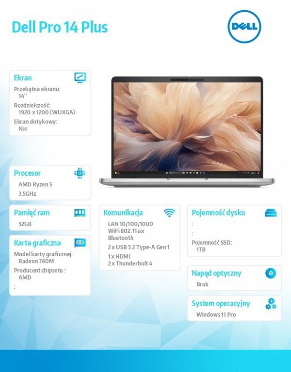 Laptop Dell Pro 14 Plus PB14255/AMD Ryzen 5 PRO 230/32GB/1TB SSD Gen4/14.0 FHD+/Radeon 760M/FgrPr&SmtCd/FHD/IR Cam/Mic/WLAN+BT/B