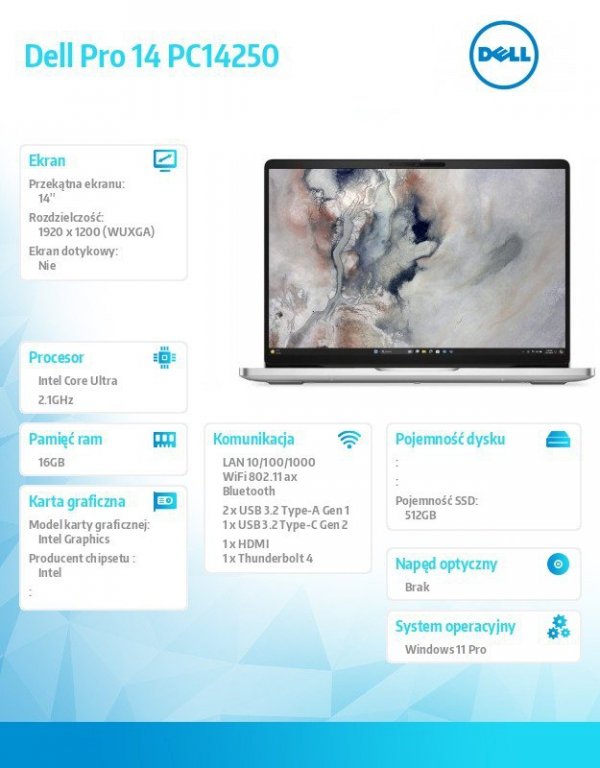 Laptop Dell Pro 14 PC14250 W11P U7 265U/16GB/512GB/14.0 FHD+/INT/FgrPr/FHD/IRCam/Mic/WLAN+BT/BcklKb/3C/vPro/3YPS Platinum
