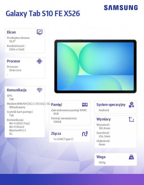 Tablet Galaxy Tab S10 FE X526 10.9 cala 5G 8/128GB Szary EE