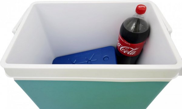 Lodówka turystyczna 35L KAMAI EDA na wkłady mrożące, turkusowa z białą rączką i zieloną pokrywą