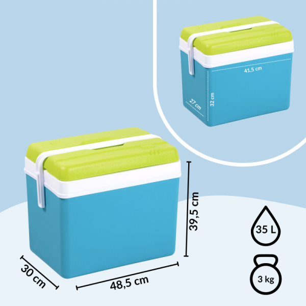 Lodówka turystyczna 35L KAMAI EDA na wkłady mrożące, turkusowa z białą rączką i zieloną pokrywą