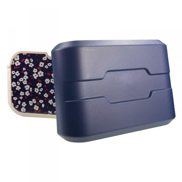 Mini lodówka turystyczna 5L KAMAI EDA wzór kwiat wiśni, lunchox na wkłady mrożące -  waniliowy korpus, czerwona rączka, błękitna