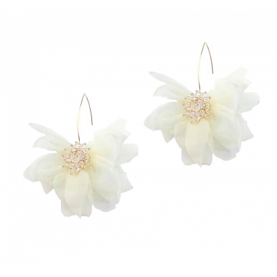 Kolczyki wiszące z kryształkami tiulowe białe kwiaty 10x8cm K1675B