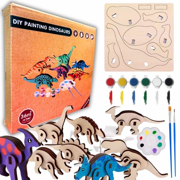 ZESTAW DO MALOWANIA DINOZAURÓW 3D FARBY PĘDZLE KREATYWNY DREWNIANE ( tds0800)
