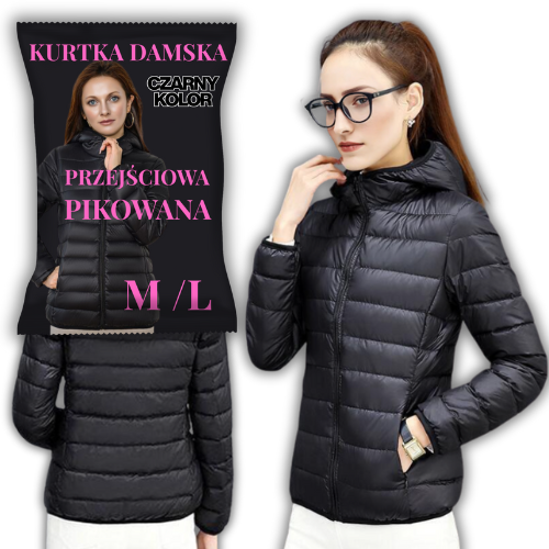 KLASYCZNA DAMSKA JESIENNA PRZEJŚCIOWA KURTKA Z KAPTUREM BLACK PIKOWANA M/L (tds0746)