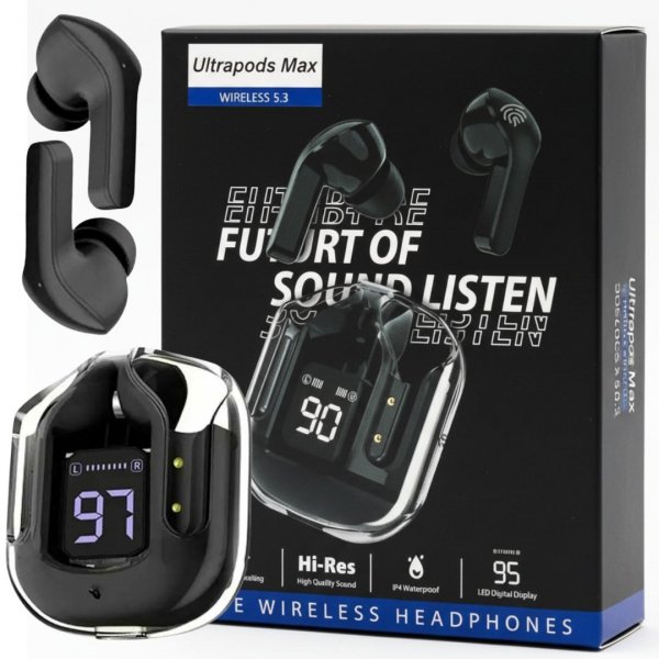 SŁUCHAWKI DOUSZNE BLUETOOTH 5.3 - PRZEZROCZYSTE ULTRAPODS MAX- BLACK CLEAR (tds0859)