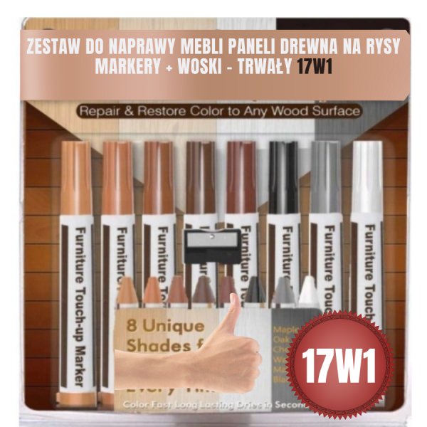 ZESTAW DO NAPRAWY MEBLI PANELI DREWNA NA RYSY MARKERY + WOSKI - TRWAŁY 17W1 ( tds0781)