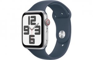 Apple Watch SE GPS + Cellular, 44mm Koperta z aluminium w kolorze srebrnym z paskiem sportowym w kolorze sztormowego błękitu - M