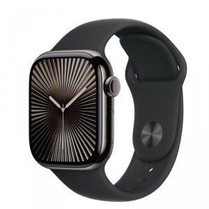 Apple Watch Series 10 GPS + Cellular, koperta 42 mm z tytanu w kolorze łupkowym z paskiem sportowym w kolorze czarnym - rozmiar 