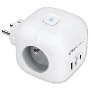 Qoltec Kostka zasilająca przedłużacz 6w1 z podświetlanym włącznikiem | 3x AC | 2x USB | 1x USB-C PD 20W | biała