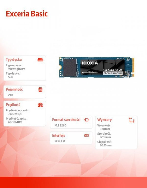 Kioxia Dysk SSD Exceria Basic 2TB NVMe PCIe 4.0 7300/6800