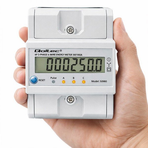 Qoltec Trójfazowy elektroniczny licznik z resetem | miernik zużycia energii na szynę DIN | 400V | 100A | LCD | LED | 4P