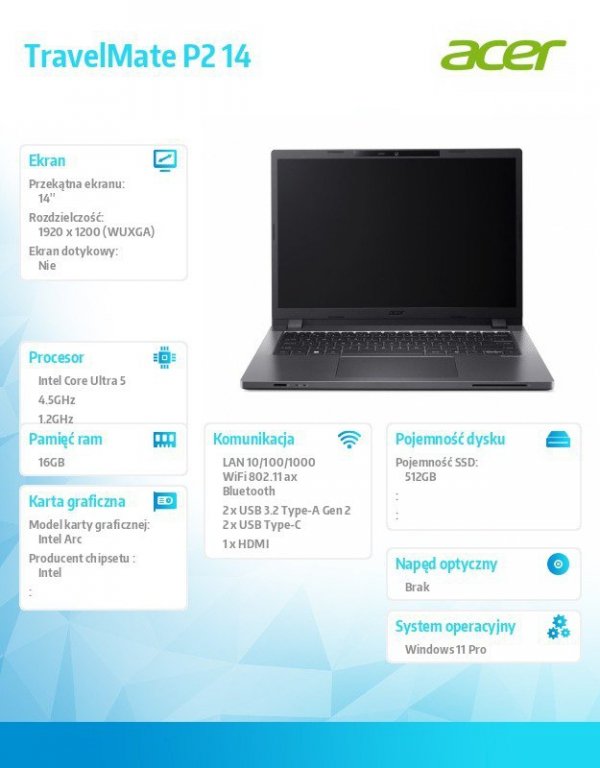 Acer Notebook TravelMate P2 14 TMP214-75-G3-TCO Ulta5 125H 16GB/512GB/W11PRO ,  3 Years On Site