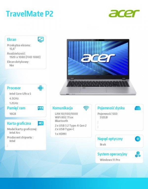 Acer Laptop TravelMate P2 TMP215-75-G2-TCO Ultra5 125H 16GB/512GB/W11PRO,  3 Years On Site