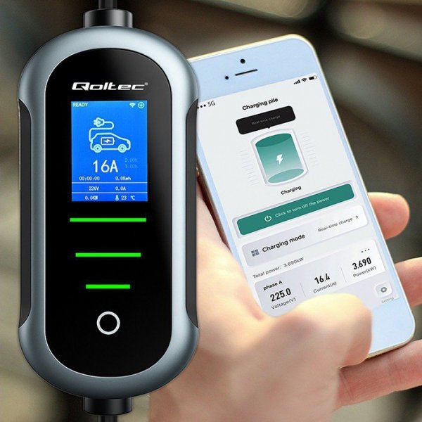 Qoltec Ładowarka do samochodu elektrycznego EV i hybryd | 11kW | 400V | CEE 16A | Wi-Fi | LCD | 5m