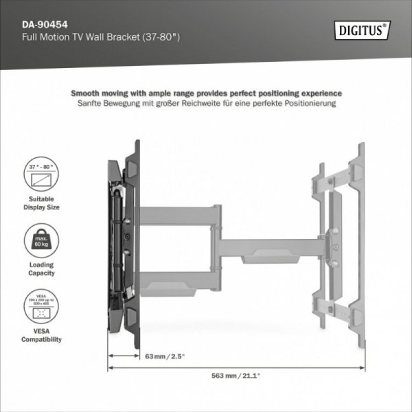 Digitus Uchwyt ścienny do TV 37-80&quot; max. obciążenie 60kg, VESA max. 600x400 z regulacją w pionie i poziomie