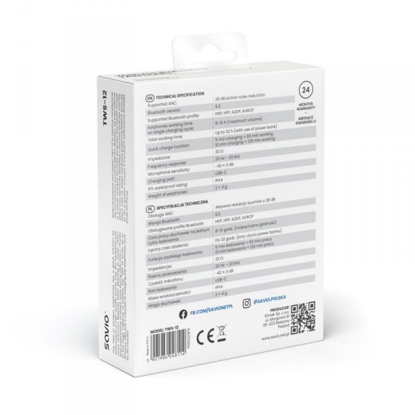 Savio Słuchawki bezprzewodowe Bluetooth 5.3 z mikrofonem, ANC, ENC, QC, TWS-12