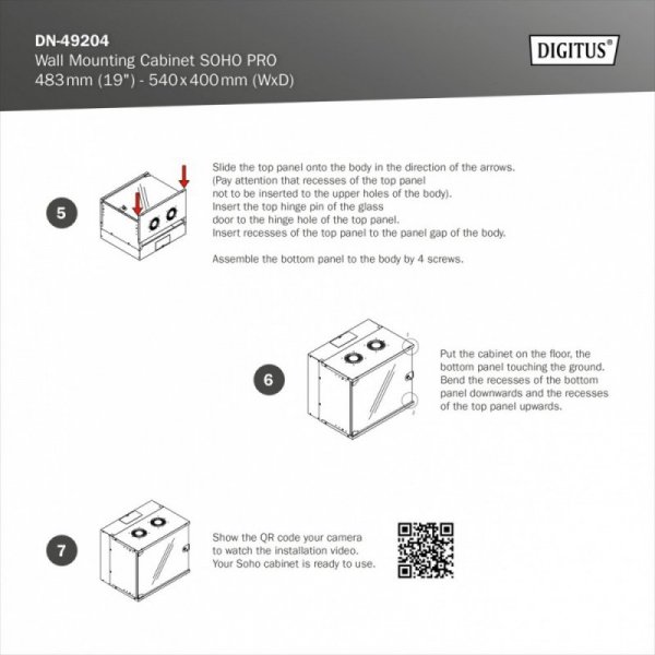 Digitus Szafa sieciowa wisząca 19&quot; 9U, SOHO PRO 460 x 540 x 400 mm, nośność 60kg, drzwi szyba, niezłożona, Szara
