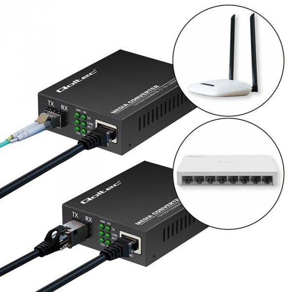 Qoltec Dwukierunkowy Media Konwerter SWITCH Ethernet 1x RJ45 1x SFP |   1000Mb/s | 5V