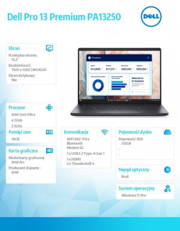 Dell Laptop Dell Pro 13 Premium PA13250 W11P U5-236V/16GB/512GB SSD/13.3 FHD+/Arc/FgrPr/Cams&Mic/5G WWAN+BT/BcklKb/3C/vPro/3YPS 