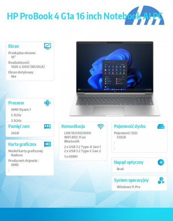 HP Inc. Notebook ProBook 4 G1a R7-250 512GB/24GB/W11P/16.0 C51HSET