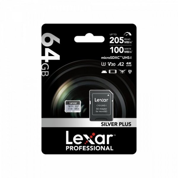 Lexar Karta pamięci microSD 64GB C10 A2 U3 V30 205/100MB/s Silver Plus
