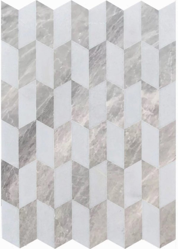 Mozaika z białego marmuru  Glacier White i szerego Nordic Grey efekt 3D