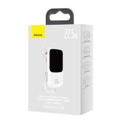 Qpow powerbank 10000mAh wbudowany kabel USB Typu C 22.5W Quick Charge  biały