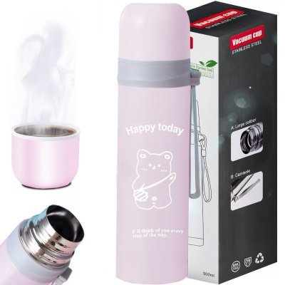 Termos turystyczny próżniowy do kawy herbaty z uchwytem STAL 500 ml - różowy