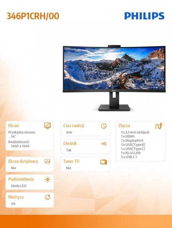 PHILIPS MONITOR 346P1CRH 34&#039;&#039; VA CURVED HDMI DP USB-C KAMERA