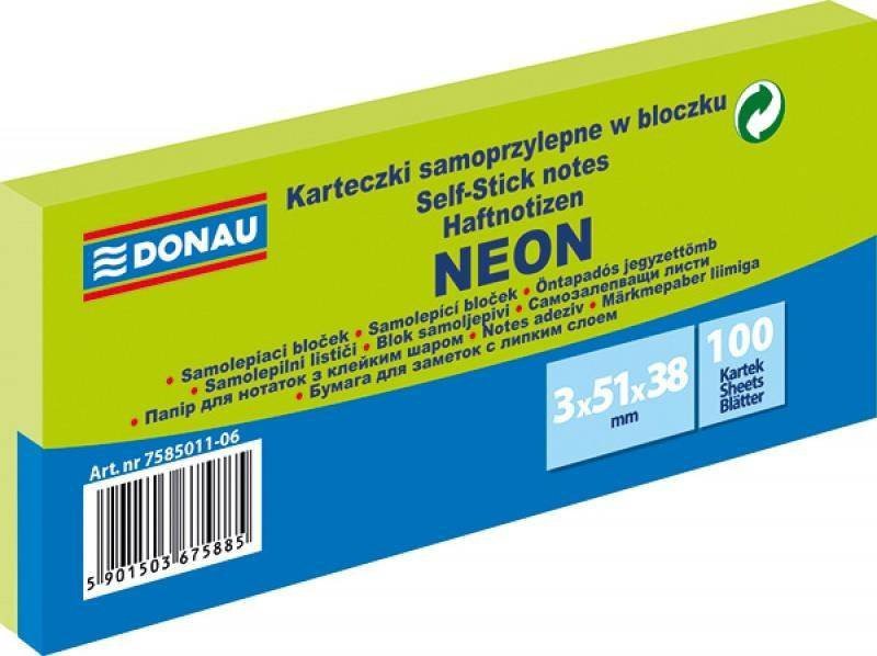 KARTECZKI SAMOPRZYLEPNE 38X51MM DONAU NEON ZIELONE 3X100KART
