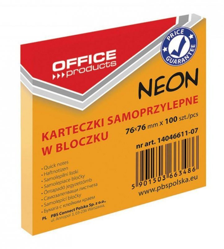 KARTECZKI SAMOPRZYLEPNE 76X76MM OFFICE PRODUCTS NEONOWE POMARAŃCZOWE 100KART
