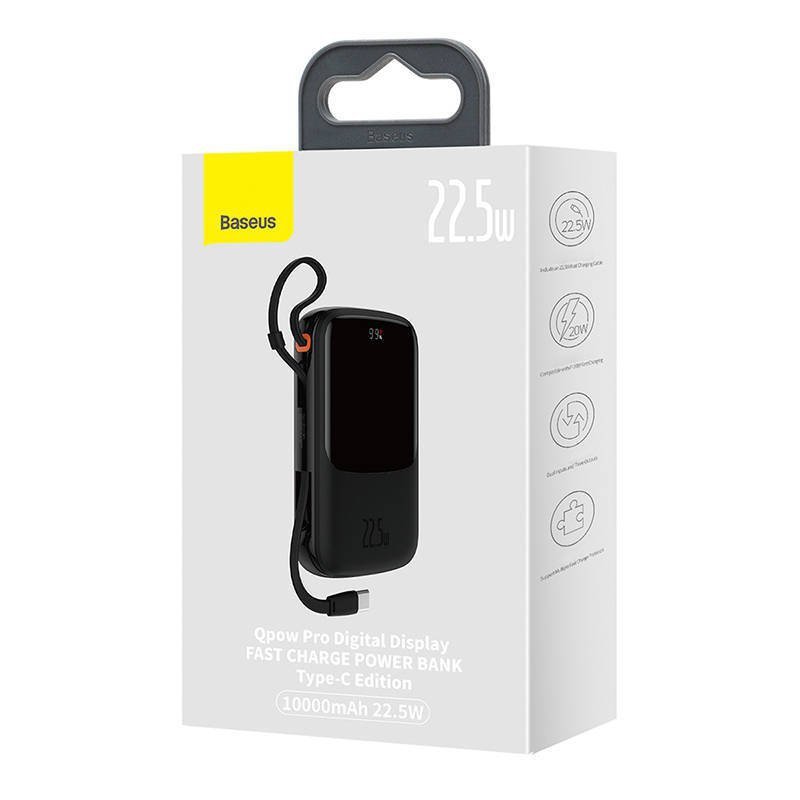 Powerbank Baseus Qpow Pro z kablem USB-C, USB-C, USB, 10000mAh, 22.5W (czarny)