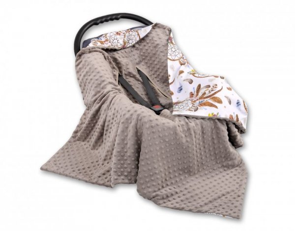 Duży otulacz dla niemowląt do fotelika nosidełka wózka dwustronny- łapacze snów białe/popielaty brąz