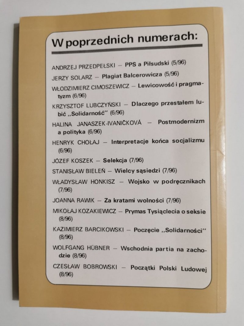 DZIŚ. PRZEGLĄD SPOŁECZNY. WARSZAWA ROK VII WRZESIEŃ '96 NR 9 (72)