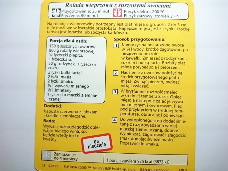 KARTA KULINARNA NR 31 ROLADA WIEPRZOWA Z SUSZONYMI