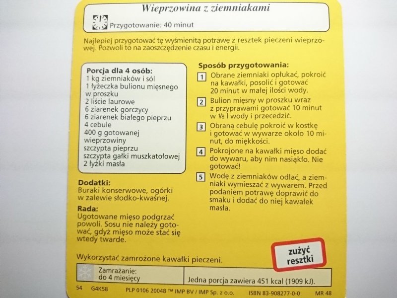 KARTA KULINARNA NR 58 WIEPRZOWINA Z ZIEMNIAKAMI