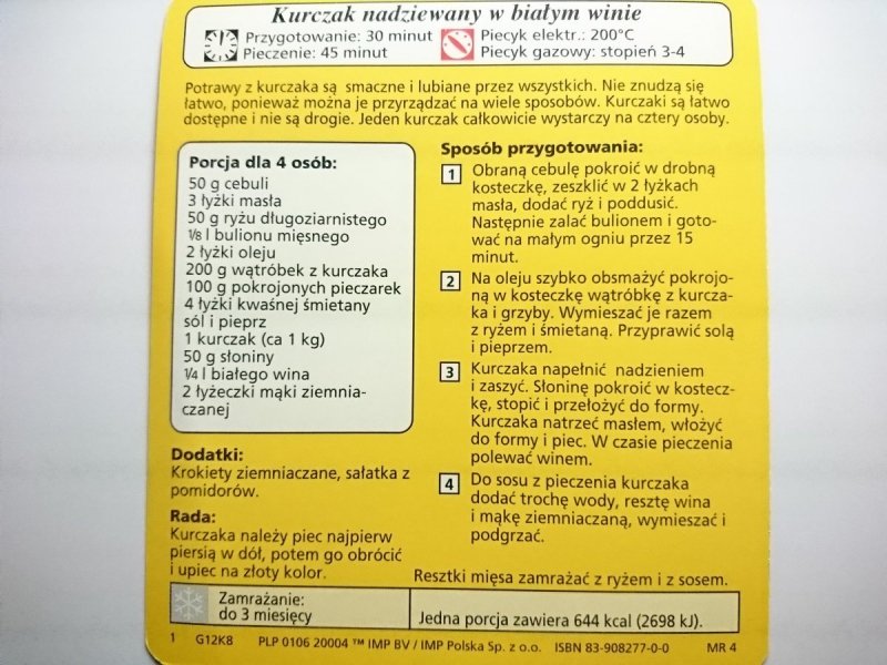 KARTA KULINARNA NR 8 KURCZAK NADZIEWANY W BIAŁYM