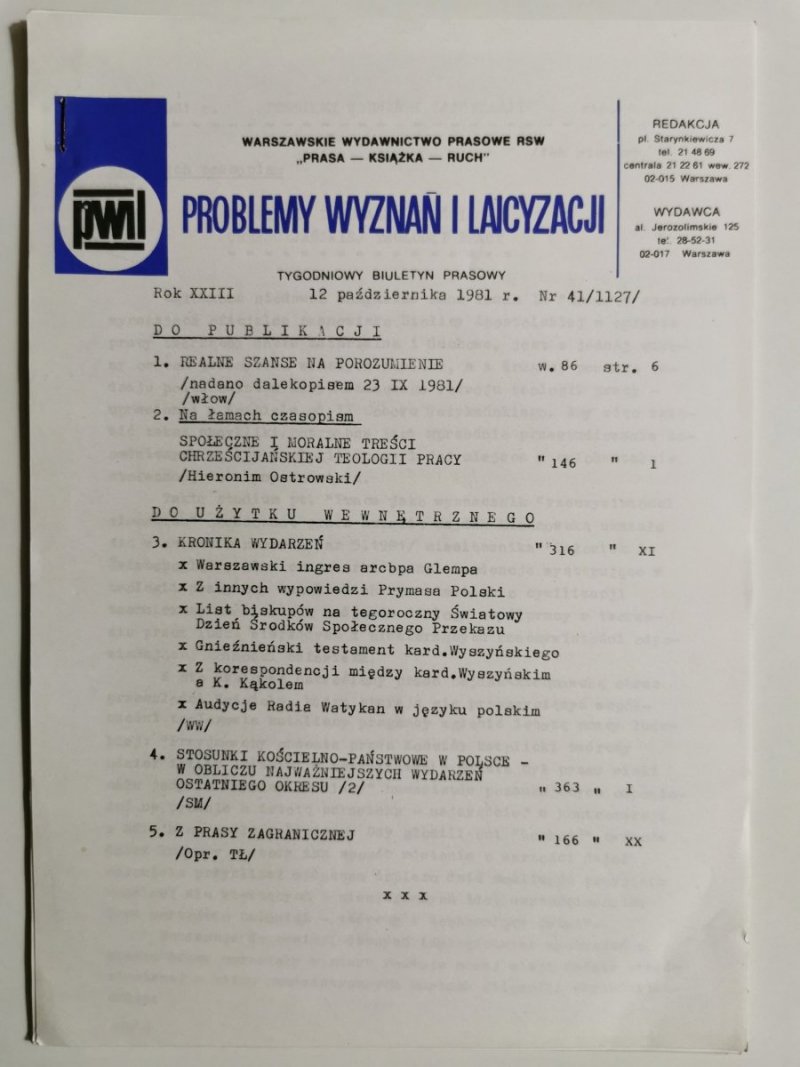 PROBLEMY WYZNAŃ I LAICYZACJI 12 PAŹDZIERNIKA 1981 r. Nr 41/1127